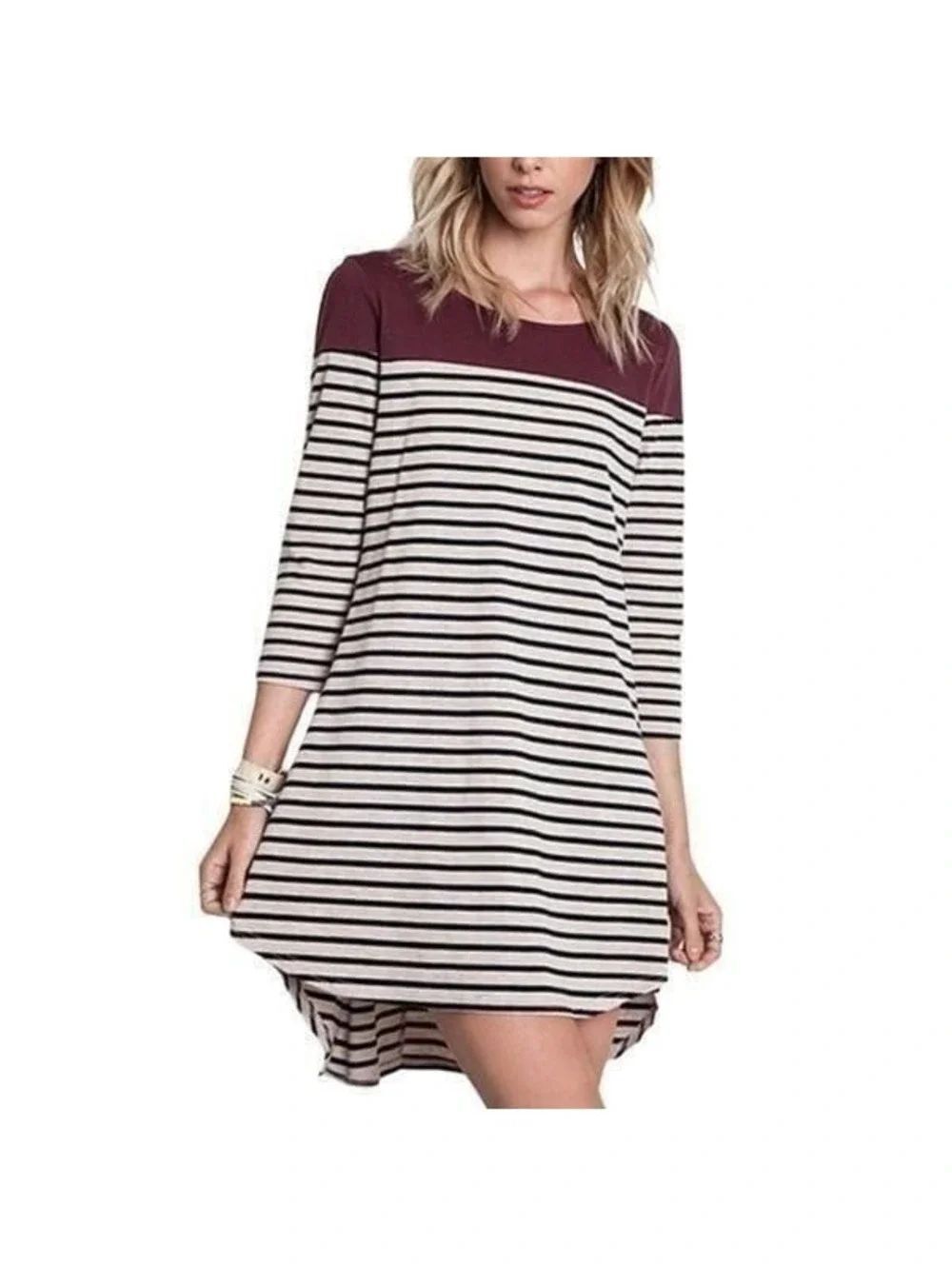 Umgee USA Wine Striped High-Low Tunic Dress